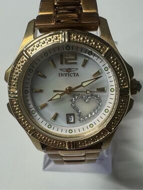 Invicta Gold and White Crystal Heart Women's Bracelet Watch